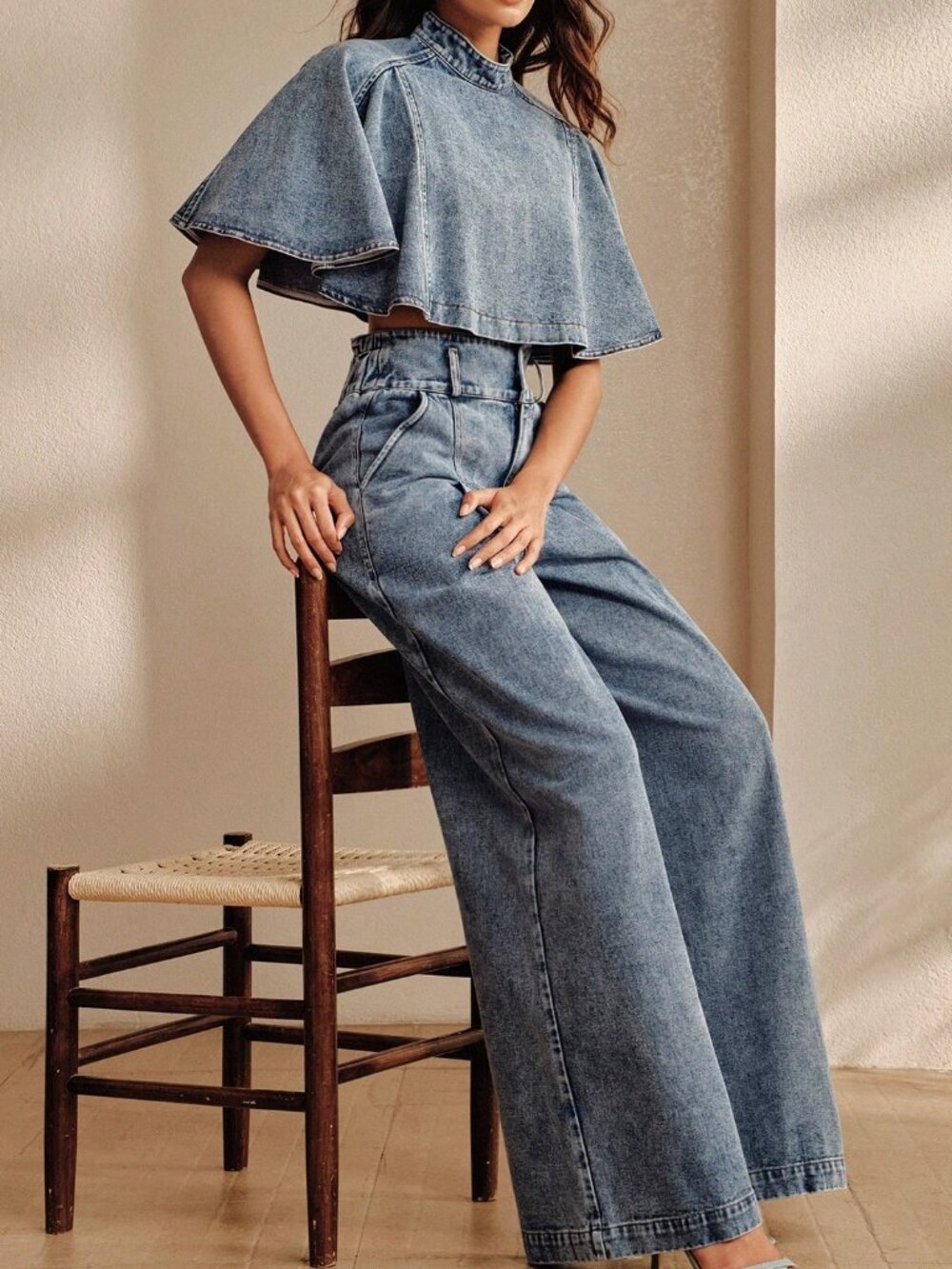 Blue Casual Women's Denim High Waist Wide Leg Pants & Short Sleeve Cape Set - Picture 5 of 7